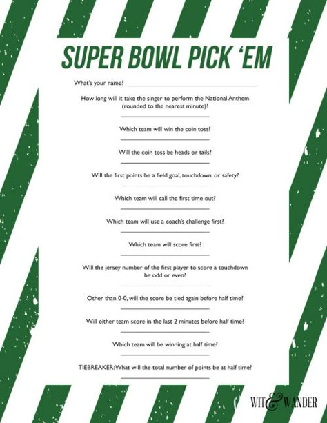 I love this Free Printable Super Bowl Party Game - it's perfect for football fans and it can even get the non-football fans to watch the game! BONUS: it ends at half time for families with little kids who need to go to be put to bed! - Wit & Wander Super Bowl Trivia, Super Bowl Party Games, Super Bowl Activities, Football Bingo, Super Bowl Predictions, Superbowl Party Games, Football Party Games, Super Bowl Games, Superbowl Ideas