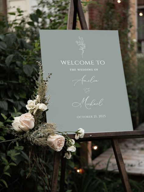 Wedding Tables Sage Green, Sage Green Wedding Venue Ideas, Sage Green Welcome Sign, Sage Green And White Wedding Theme, Sage Green Wedding Aesthetic, Wedding Decor White And Green, Sage Theme Wedding, Safe Green Wedding, Green Aesthetic Wedding