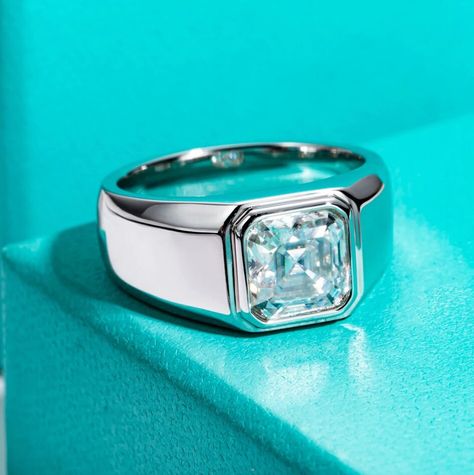 3ct Mens Moissanite Ring, 925 Sterling Silver & 18k Gold Plated, Asscher Cut Ring, Certificated Ring, Ring for Mens, Mens Engagement Ring Silver Rings Men, Moissanite Engagement Ring Gold, Asscher Engagement Ring, Asscher Cut Ring, Traditional Diamond, Mens Engagement, Asscher Cut, Luxury Rings, Jewelry For Men