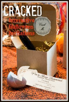 These are the coolest halloween invites!! Keywords: all hallows eve, spooky, fright night, special effects, fx, creepy, dinner party, interactive, yrick or treat, raven, poe, party, Entertaining Grace: Cracked: Interactive Halloween Invitations Unique Halloween Invitations, Halloween Invitation Wording, Halloween Invites, Spooky Dinner, Edgar Allen, Tea Party Invitations, Allen Poe, All Hallows Eve, Fun Halloween Decor