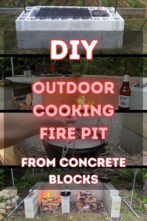 DIY guide to concrete blocks outdoor cooking fire pit Diy Fire Pit For Cooking, Fire Pit Cinder Block Diy, Diy Outdoor Cooking Fire Pits, Diy Bbq Pit Ideas, Cement Block Fire Pit, Cinderblock Fire Pit Diy, Cooking Fire Pit, Fire Pit Oven, Cinder Blocks Diy