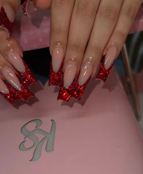 Red Diamond Acrylic Nails, Red Nails Acrylic Rhinestones, Red Nails Design Prom, Red And Silver Acrylic Nails For Prom, Red Frenchies Acrylic Nails, Red Long French Tip Nails, Red Diamond Nail Designs, Red Nails Acrylic Birthday Set, Red French Tip Nails Almond With Rhinestones