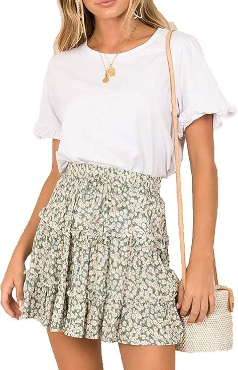 Jhsnjnr Women's Summer Cute High Waist Ruffle Skirt Floral Print Swing Beach Mini Skirt Blue : Amazon.ca: Clothing, Shoes & Accessories Tiered Mini Skirt, Dot Skirt, Boho Casual, Cute Skirts, Green Skirt, Printed Skirts, Spring Outfit, Floral Skirt, Summer Women