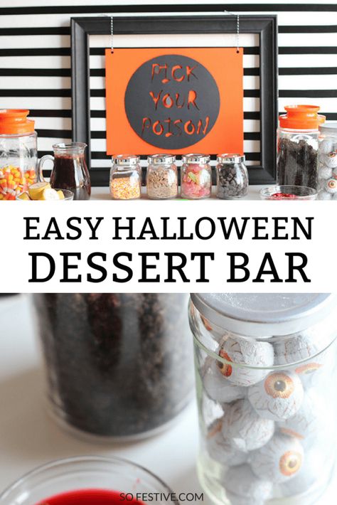 Simple Halloween dessert idea- ice cream bar idea- halloween party food Halloween Sundae Bar, Halloween Ice Cream Sundae Bar, Halloween Ice Cream Bar, Halloween Ice Cream Ideas, Halloween Food Bar, Easy Halloween Party Dessert, Simple Party Backdrop, Halloween Dessert Buffet, Halloween Dessert Bars