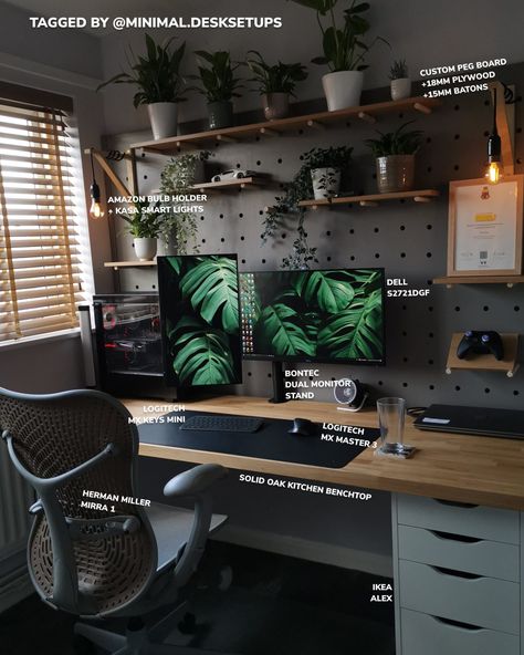 A Reddit user with the craziest pegboard desk setup - Minimal Desk Setups Pc Themes, Studio In Casa, Minimal Desk Setup, Office Layouts, Minimal Desk, Gaming Desk Setup, Modern Home Offices, Dream Desk, Computer Desk Setup