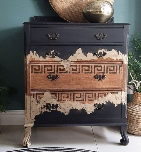 Gothic Dresser Makeover, Ipcycle Dresser, Decoupage Dresser Modern, Black Dresser Decoupage, Black And Wood Dresser With Stencil, Retro Bedside Tables, Furniture Makeover Inspiration, Handmade Chair, Oak Chest Of Drawers