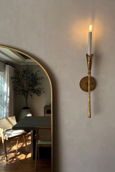 Earthy Rooms, Limewash Wall, Warm Home Aesthetic, Limewash Walls, Decorative Lamps, Statement Chandeliers, Wall Lights Sconces, Brass Wall Light, Beautiful Lighting