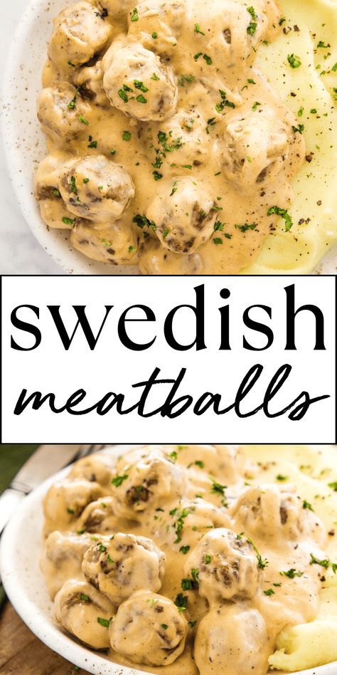 This Swedish Meatballs recipe is the perfect comfort food main dish made with a creamy, savoury sauce and served with mashed potatoes. Easy pan-fried homemade meatballs and homemade gravy - ready in under an hour! Recipe from thebusybaker.ca! #swedishmeatballs #ikeameatballs #homemademeatballs #meatballs #comfortfood #easymeal #easycomfortfood #meatballsandgravy #dinner #familymeal #familydinner via @busybakerblog Meatballs With Pork And Beef, Meatballs And Perogies, Swished Meatballs, Homemade Swedish Meatball Recipe, Chicken Meatball Dishes, Freezer Swedish Meatballs, Pan Fried Meatballs, Meatball Uses, Soft Meatballs Recipes