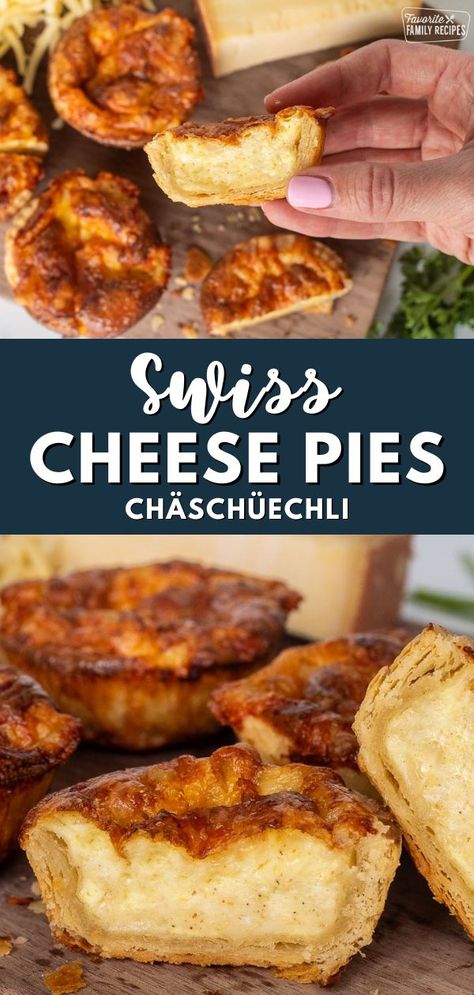 These Swiss Cheese Pies (aka Chäschüechli) are creamy, savory Alpine treats that will have your taste buds yodeling for more. Chäschüechli is a traditional Swiss cheese tart that is a favorite “comfort treat” throughout the Swiss German region of Switzerland. Directly translated it literally means “cheese tart” or “cheese pie.” What To Make With Swiss Cheese, Swedish Cheese Pie, Recipes With Swiss Cheese, Swiss Food Recipes, Swiss Desserts Traditional, Sliced Swiss Cheese Recipes, Swiss Food, Traditional Swiss Food, Swiss Bread Recipe