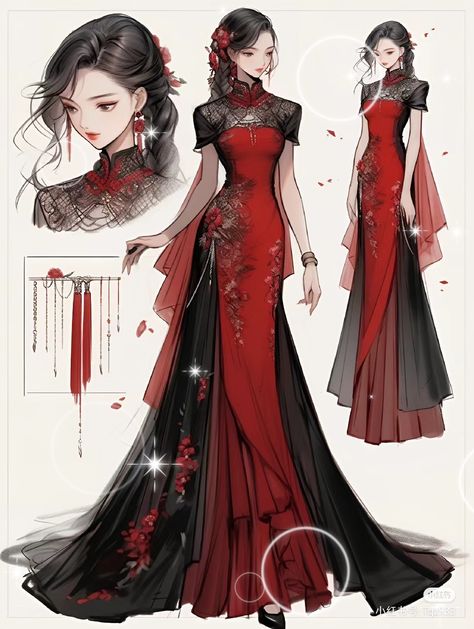 Anime Dress Ideas, Anime Dresses, Red And Black Dress, Dress Illustration, Dress Design Drawing, Fantasy Dresses, Fashion Drawing Dresses, Dress Design Sketches, Fashion Illustration Dresses