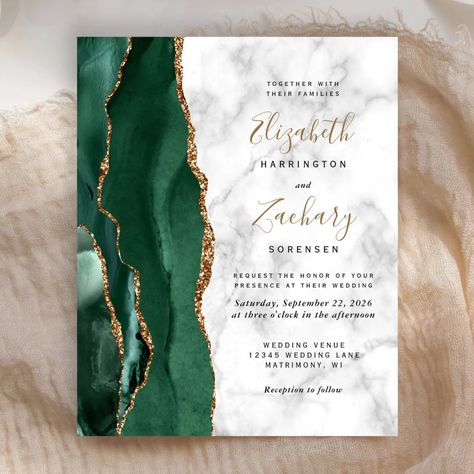 Budget Emerald Green Gold Agate Marble Wedding | Zazzle Emerald Wedding Invitations, Gold Beach Wedding, Wedding Zazzle, White Marble Background, Elegant Modern Wedding, Afternoon Wedding, Emerald Green Weddings, Green Wedding Colors, Marble Wedding