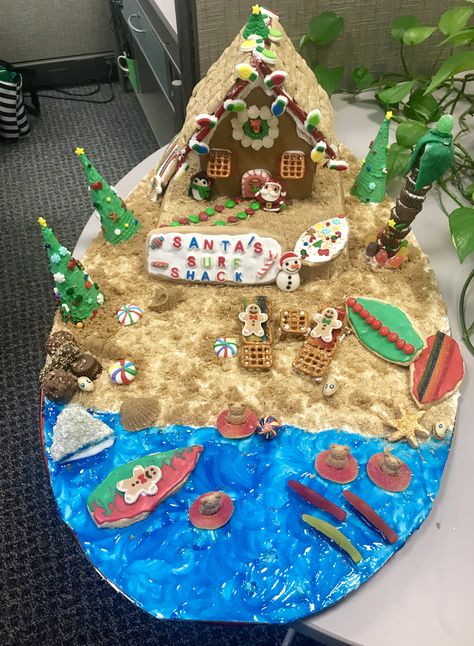 Beach Gingerbread house Gingerbread Beach House Ideas, Beach Gingerbread House Ideas, Beach Themed Gingerbread House, Hawaiian Gingerbread House, Beach Theme Gingerbread House, Beachy Gingerbread House, Beach Gingerbread House, Gingerbread Beach House, Gingerbread Building