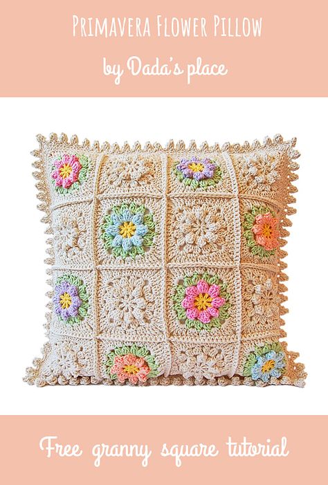 This beautiful floral granny square pillow is simple to make. Especially with FREE beginner friendly Primavera flower granny square crochet tutorial with lots of step-by-step pictures designed by Dada's place. #primaveraflowersquare #crochetpillow #freecrochetpattern #crochetcushion #flowergrannysquare Crochet Square Pillows, Crochet Pillow Covers, Flower Pillow Pattern, Floral Granny Square, Granny Square Pillow, Crochet Pillow Patterns Free, Sunburst Granny Square, Flower Granny Square, Crochet Flowers Easy