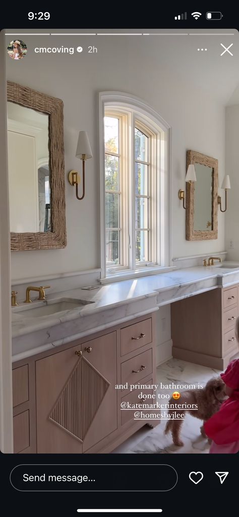 Vanity With Tower On Side, Window Between Vanity Sinks, Vanity With Tower In Middle, Double Sink With Vanity In Middle, Bathroom Makeup Vanity Ideas Master Bath, Vanity With Tower, Bathroom Makeup Vanity Ideas, Restroom Ideas, Vanity In Bathroom