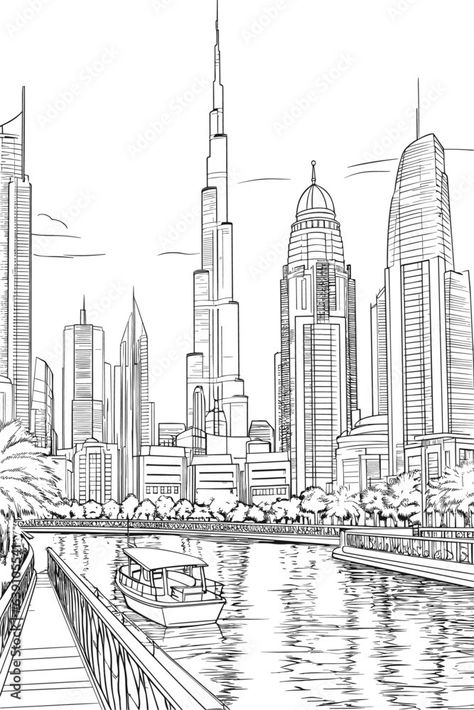 UAE Dubai cityscape black and white coloring page for adults. Arab Emirates buildings, street, skyline, landmarks vector outline doodle sketch for anti stress color book. AI generative Stock Vector | Adobe Stock Dubai Buildings Drawing, Architecture Coloring Pages, Dubai Doodle, Buildings Doodle, Dubai Sketch, Dubai Black And White, Dubai Drawing, Skylines City, City Coloring Pages