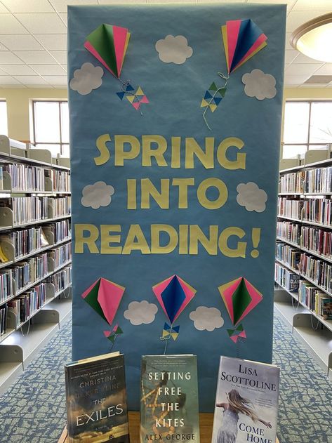 Spring Library Book Displays, Spring Book Fair Themes, Spring Library Bulletin Boards, March Library Displays, Easter Library Displays, Spring Library Displays, Restart Book, Bookmobile Ideas, Fall Library Displays