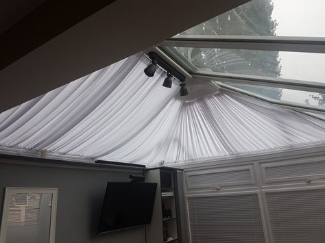 Home made conservatory roof blinds   Around £40 in materials to make Conservatory Fabric Ceiling, Conservatory Ceiling Drapes, Roof Curtain Ideas, Diy Conservatory Roof Blinds, Conservatory Ceiling Ideas, Conservatory Blinds Ideas Diy, Conservatory Curtain Ideas, Playroom Conservatory, Conservatories Ideas