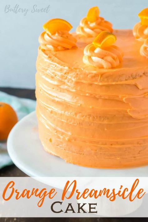 Orange Dreamsicle Cake| This Orange Dreamsicle cake is what dreams are made of. Simple white cake recipe infused with orange flavor and a fluffy orange cream filling  to die for!| https://butterysweet.com/blog/orange-dreamsicle-cake #orange #creamsicle #dreamsicle #cake #orangedreamsiclecake #orangedreamsicle #orangecreamsicle Festive Cake Ideas, Simple White Cake Recipe, Orange Cream Filling, Dreamsicle Cake Recipe, Orange Dreamsicle Cake, Dreamsicle Cake, Orange Creamsicle Cake, Easy White Cake Recipe, Orange Desserts