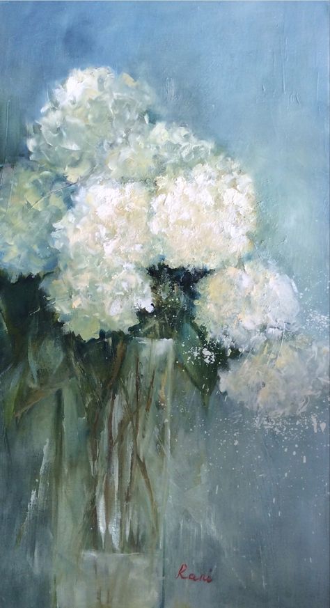 Painting Of White Flowers, Hydrangea Art Acrylic, White Hydrangea Painting, Hydrangeas Art, Hydrangea Painting, White Hydrangeas, Flower Art Drawing, Painting Canvases, Diy Watercolor Painting