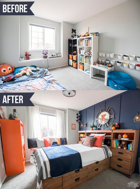 A Modern Navy & Orange Nautical Kids' Room Makeover | The DIY Mommy Boys Orange Bedroom Ideas, Blue And Orange Boys Bedroom, Blue And Orange Boys Room, Orange Boys Bedroom, Blue Bedroom Ideas For Boys, Navy Boys Bedroom, Orange Kids Bedroom, Boys Bedroom Orange, Blue Bedroom Ideas For Couples