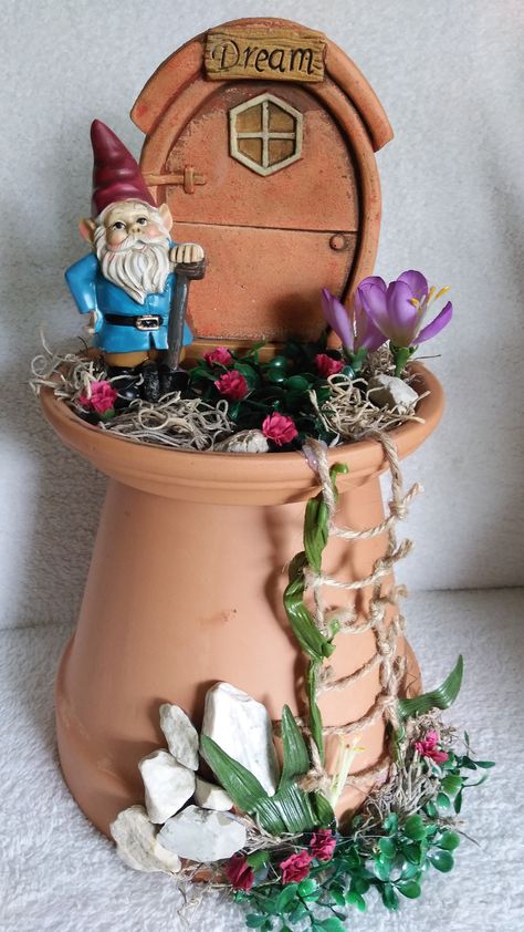 Gnome Fairy Garden Outdoor Yard Decor.  Terra Cotta Pot.  This fairy garden stuff is out of control. ha ha. Fairy Garden Clay Pots, Clay Pot Fairy House, Gnome Pot, Fairy Garden Outdoor, Outdoor Yard Decor, Fairy Garden Gnomes, Clay Pot Projects, Gnome Door, Terra Cotta Pot