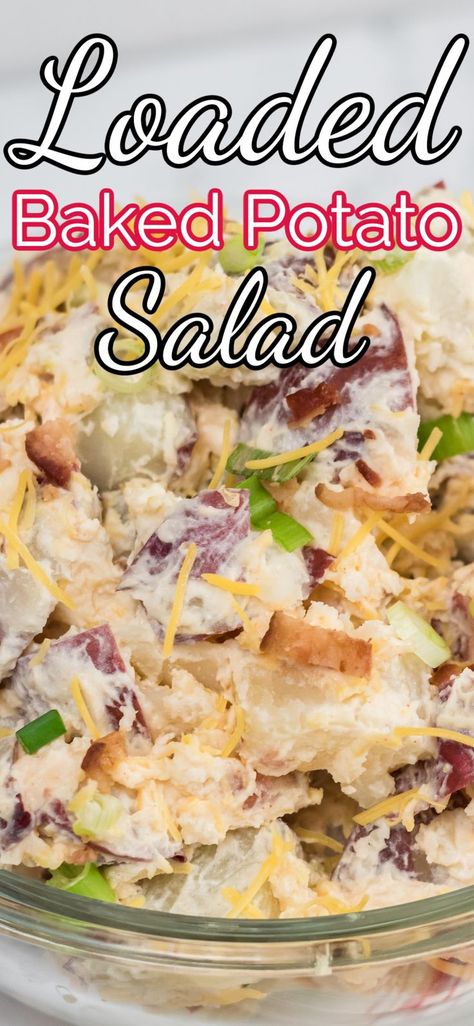 Your restaurant favorite fully loaded baked potato made into a delicious summer salad! Make it for your next BBQ, potluck or picnic. It's a crowd pleaser, affordable and super easy to make! Loaded Baked Potato Salad Recipe, Fully Loaded Baked Potato, Summer Potluck Dishes, Baked Potato Salad Recipe, Loaded Potato Salad, Bbq Potluck, Easy Summer Salad, Loaded Baked Potato Salad, Baked Potato Salad