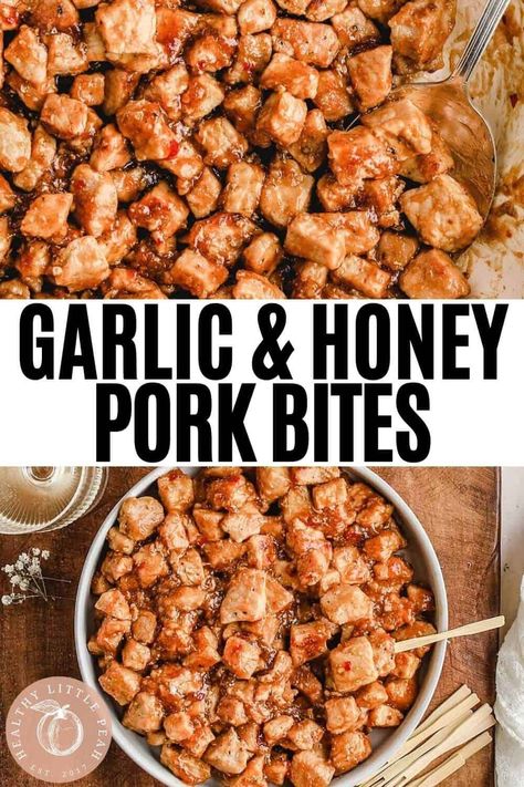 These easy chopped pork bites are smothered in tangy garlic honey sauce with a little kick of spice. The perfect appetizer for any occasion! Gluten-free, paleo, and dairy-free. Dry Garlic Pork Bites, Honey Garlic Pork Bites, Garlic Pork Bites, Paleo Pork Chop Recipes, Pork Chop Bites, Paleo Pork Chops, Honey Pork Chops, Honey Garlic Pork, Pork Bites