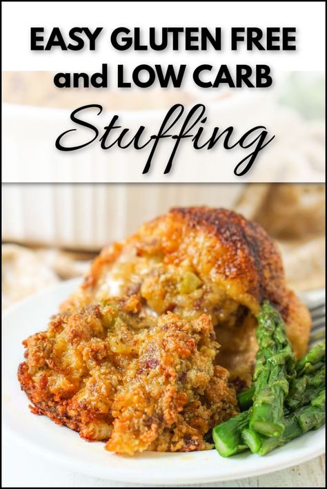 plate with keto stuffing and text overlay Keto Stuffing With Keto Bread, Stuffing With Chicken, Gf Stuffing, Stuffing For Chicken, Healthy Stuffing, Stuffing For Thanksgiving, Stuff Chicken, Low Carb Stuffing, Baked Stuffed Chicken