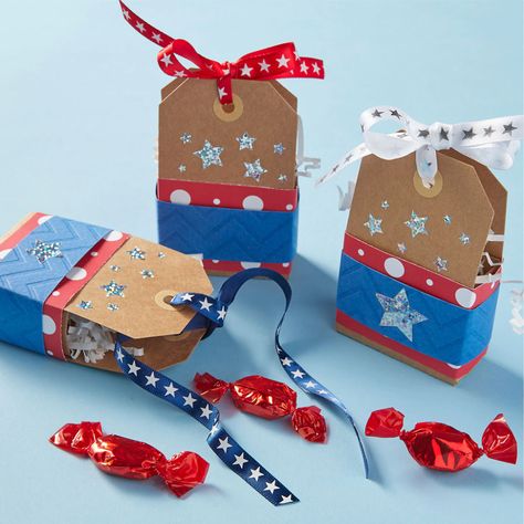 Patriotic Treat Holder Patriotic Treats, Gift Jars, Kraft Tags, Organic Gifts, Polka Dot Paper, Gift Tags Diy, Candy Crafts, 4th Of July Celebration, Treat Holder