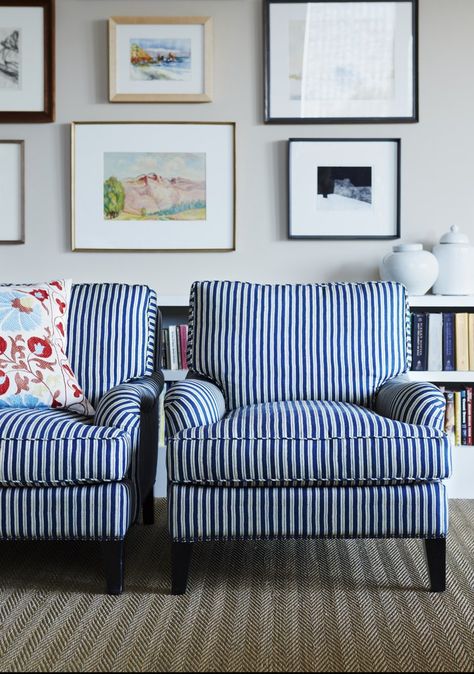 Blue Armchair Living Room, Log Cabin House, Striped Sofa, Beach Living Room, Blue Armchair, Couch Fabric, Coastal Living Rooms, Coastal Interiors, Arm Chairs Living Room