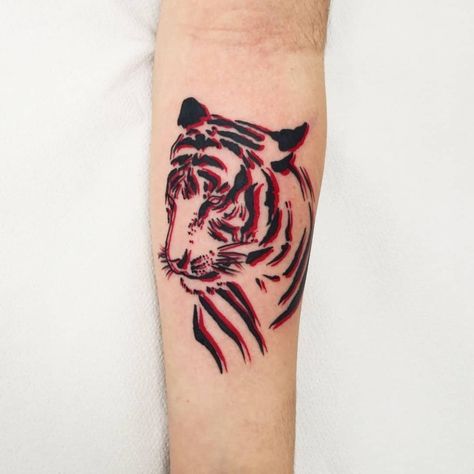 tiger tattoo, red and black Red And Black Ink Tattoo Sleeve, Red And Black Tattoo Patchwork, Thrive Tattoo, Red And Black Tattoo Sleeve, Red And Black Ink Tattoos, Red Tiger Tattoo, Red And Black Tattoo Ideas, Red And Black Tattoos, Tattoo Red And Black