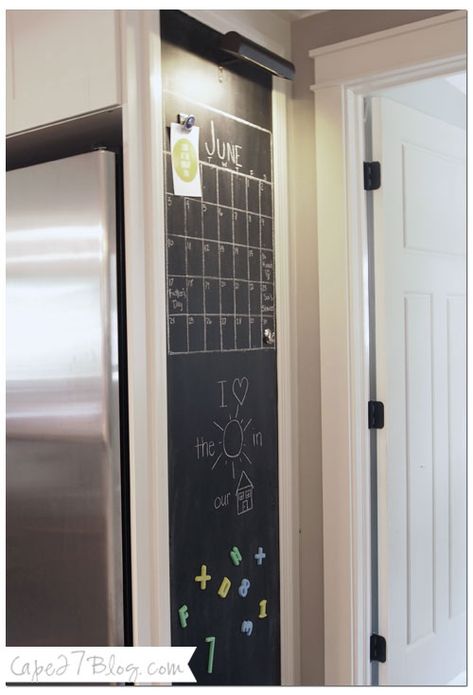 Fridge Chalkboard, Diy Kitchen Wall, Side Of Fridge, Big Calendar, Fixer Upper Living Room, Kitchen Chalkboard, Crown Moldings, Small Basements, Door Casing