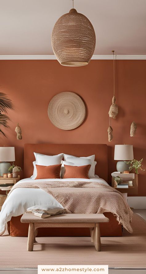 Transform your bedroom with these 17 terracotta ideas. Embrace warm hues through walls, bedding, and accents to create a cozy, inviting space with a touch of rustic charm. Terra Cotta Wall Color Bedroom, Zen Interior Design Bedroom, Terra Cotta Wall Color, Rustic Orange Bedroom, Rusty Orange Bedroom, Terracotta Bedroom Ideas, Terracotta Ideas, Zen Interior Design, Terracotta Bedroom