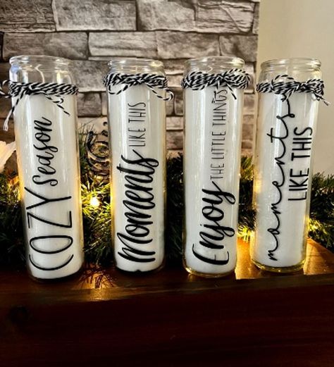 Cricut Candle Projects, Candle Sayings, Cricut Candles, Joy Candle, Dollar Store Candles, Candle Projects, Prayer Candles, Do It Yourself Crafts, Party Halloween