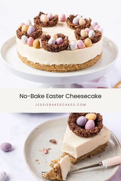 Cheesecake Recipes Easter, Mini Egg Nests, Easy No Bake Cheesecake Recipes, Mini Egg Cheesecake, Bake Cheesecake Recipes, No Bake Cheesecake Recipes, Baked White Chocolate Cheesecake, Easter Cheesecake, Chocolate Nests