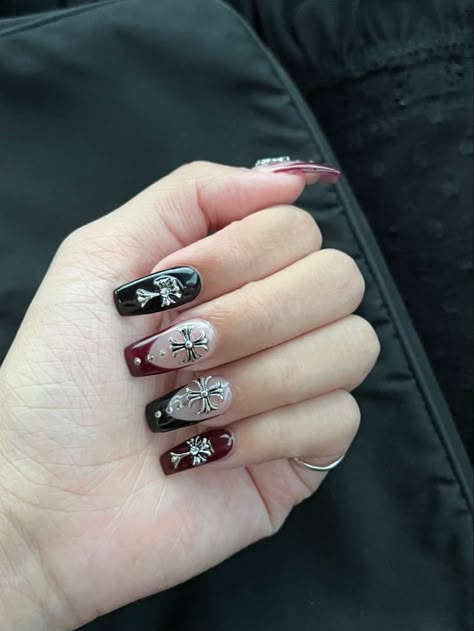 Black And Red Nails With Cross, Black In White Nails, Red Nails And Black Design, Black Nail Designs Cross, Red Nails With Cross Design, Red And Black Cross Nails, Black Nails Cross Design, Gothic Red And Black Nails, Black Silver Red Nails