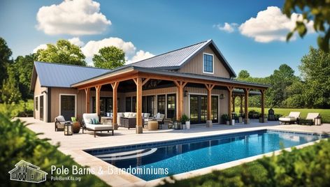 Pole Barn Pool House: The Perfect Addition to Your Backyard Country House With Pool, Pool House Designs Layout, Pole Barn Pool House, Pool House Guest House Combo, Oasis Quotes, Barn Pool House, Pole Barn Builders, Barn Pool, Building A Pole Barn