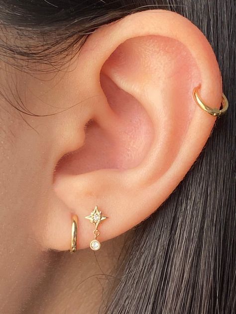 14K Gold Push Flat Back Mini Dangle Diamond Star Earring – KEILA Double And Cartilage Piercing, Ear Piercings Earlobe, Helix Piercing And Double Lobe, Ear 3 Piercings, Ear Piercings For Small Ears Ideas, Earrings For Piercings, Ear Piercings Cartilage Hoop, 2 Lobes And Helix Piercing, First Second And Helix Piercing