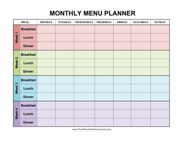 Four weeks are decorated in different colors in this monthly menu planner that covers breakfast, lunch and dinner. Free to download and print Tracking Spending, Monthly Menu Planner, Meal Calendar, Weekly Meal Planner Template, Monthly Menu, Monthly Meal Planner, Monthly Meal Planning, Grocery List Printable, Meal Planner Template