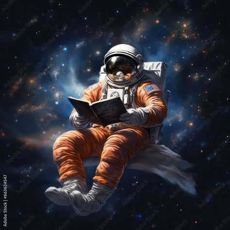 An astronaut wearing a protective space helmet in outer space and reading a book Astronaut Reading A Book, Photo Background Wallpaper, Space Helmet, Astronaut Suit, Astronaut Helmet, Space Suit, Reading A Book, Photo Background, Background Wallpaper