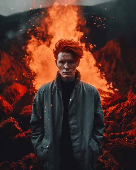 Leonardo Ferrari's fashion photography captures the essence of fire and fury with this stunning image of a red-haired male model amidst a volcanic eruption. 🌋🧔‍♂️🔥 #FashionPhotography #Volcano #RedHair #FireBuddha #MensStyle #LeonardoFerrari Volcano Photoshoot, Fire Inspired Outfits Men, Fire Themed Outfits Men, Fire Inspired Photoshoot, Fire Fashion Photography, Fire Portrait Photography, Fire Photoshoot, Creative Fire Portrait Photography, Fire Costume