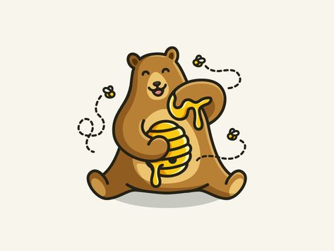 Bear & Hive happy sitting ui ux website hive honey friendly mascot character illustration bee insect happy eating cartoon comic illustrative animal fun funny cute adorable grizzly bear Bear With Honey Drawing, Bear Eating Honey Illustration, Bear Eating Honey Drawing, Bear Honey Illustration, Bear Eating Illustration, Cute Illustration Character, Animal Logo Design Inspiration, Alfrey Davilla, Character Design Ideas