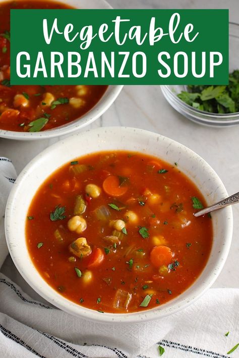 Soup is great anytime of year and this is one of those hearty and balanced soups that can be a side dish or a main. This Vegetable Garbanzo Soup is filled with healthy veggies and garbanzo beans, or chickpeas. It's a great option to save time and make ahead for busy weeknights! #vegetablesoup #healthysoup #meatlessmeals #vegetarian #chickpeas Garbanzo Soup, Beans Soup, Easy Spring Recipes, Busy Mom Recipes, Delicious Family Dinners, Drink Inspiration, Fitness Community, Healthy Veggies, Healthy Comfort Food