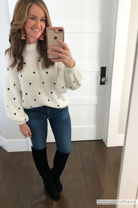 Polka Dot Sweater Outfit, Valentine Porch, Timeless Outfits, Polka Dot Sweater, Fashion Diva, Sweater Outfit, Winter Chic, V Day, Embroidered Sweater