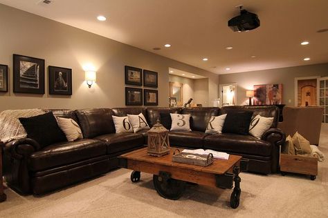 basement Modern Leather Living Room Furniture, Sofa Layout, Brown Leather Couch, Leather Living Room Furniture, Room Brown, Basement Inspiration, Brown Couch, Real Estat, Brown Furniture