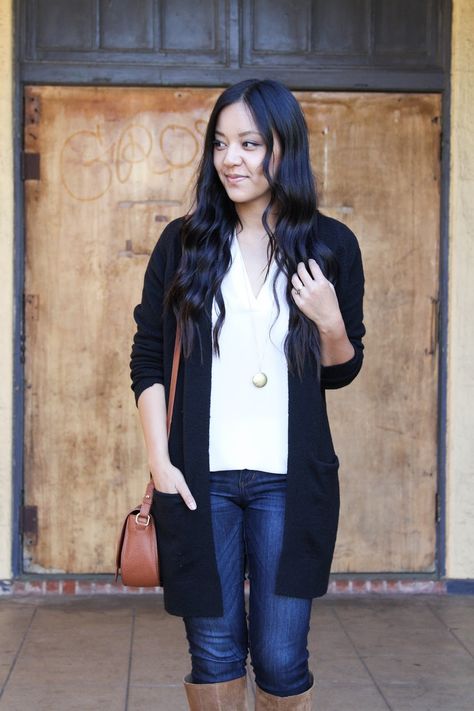 4 Ways to Wear a Black Cardigan Outfit With Black Cardigan, How To Style Black Cardigan, Tie Cardigan Outfit, Long Black Cardigan Outfit, Riding Boots Outfit, Black Cardigan Outfit, Cardigan With Jeans, Oversized Black Cardigan, Riding Boot Outfits