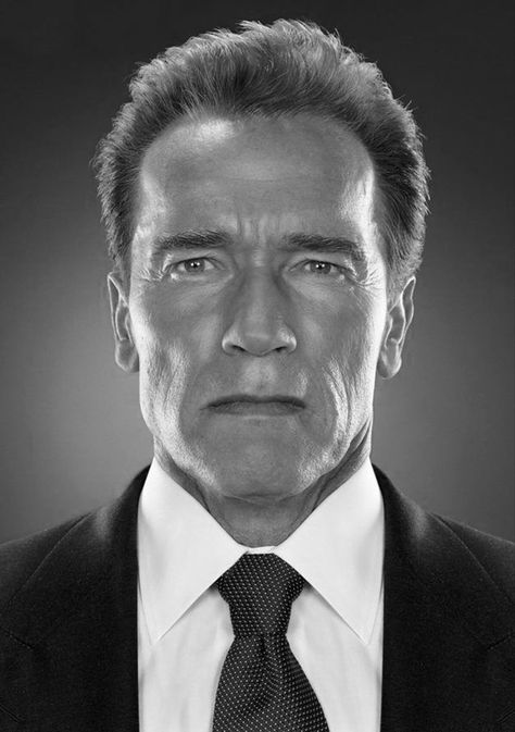 Famous Portraits, Total Recall, The Terminator, Celebrity Portraits, Arnold Schwarzenegger, Black And White Portraits, Male Portrait, Hollywood Actor, Terminator