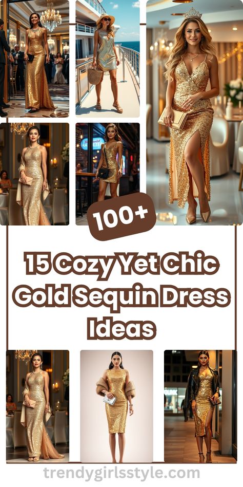 15 Cozy Yet Chic Gold Sequin Dress Ideas  #GoldSequinDress #ChicFashion #CozyGlam #FashionInspo #StyleIdeas #DressToImpress Gold Dress Winter Outfit, Champagne Theme Party Outfit, Gold Glitter Dress Outfit, Gold Outfits For Women Classy, Gold Birthday Outfit Black Women, Gold Sequin Dress Outfit, Gold Outfits For Women, Glitter Dress Outfit, Gold Dress Outfits