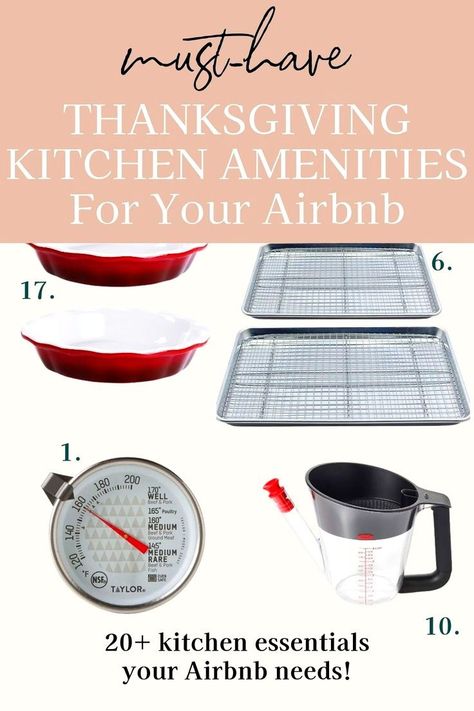 Prepare your Airbnb for Thanksgiving guests with all the essential Airbnb kitchen amenities! As an Airbnb host, you want your guests to have the best possible experience while staying at your place, especially during the Thanksgiving holiday. I've put together a list of vacation rental Thanksgiving kitchen must-haves that your guests will truly appreciate! This Airbnb Thanksgiving kitchen checklist will surely help you achieve that superhost status! Kitchen Amenities, Airbnb Kitchen, Kitchen Checklist, Cooking Thanksgiving Dinner, Unique Vacation Rentals, Thanksgiving Kitchen, Rental Kitchen, Baked Rolls, Beach House Kitchens