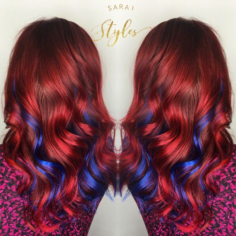 Vibrant Red Highlights In Brown Hair, Red Blue Hair Color, Dark Red And Blue Hair, Red And Blue Highlights Hair Color Ideas, Red Hair With Pops Of Color, Red And Blue Streaks In Hair, Red Hair With Blue Underneath, Blue Hair With Red Highlights, Red To Blue Ombre Hair